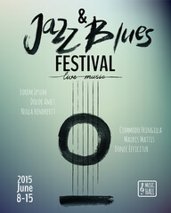 Jazz and Blues music festival, poster background template. Hand drawn Typographic flyer or poster. Vector design.  - 359668529