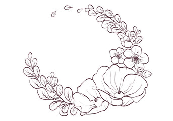 Wedding invitation, Floral card. Round frame of poppy flowers, cherries and leaves.