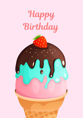 Greeting card birthday and another holiday on a pink background. A4 format greeting card template. Vector illustration text can be added, changed. Ice cream for a greeting card, menu, advertisement.