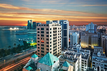 Elevated view of Manama, the Capital of Bahrain, at sunset