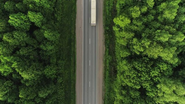 One Semi Truck with white trailer and cab driving / traveling alone on dense flat forest asphalt straight empty road, highway top down view follow vehicle aerial footage / Freeway trucks traffic