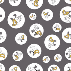 Vector grey and gold chicken in dots repeat pattern print background