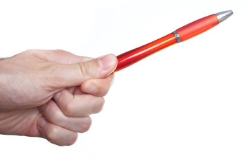 Man hand holding a red pen