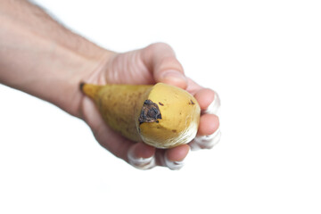 man hand holding a banana on white background