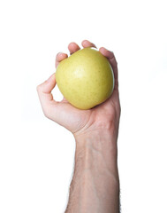 man hand holding an apple on white background