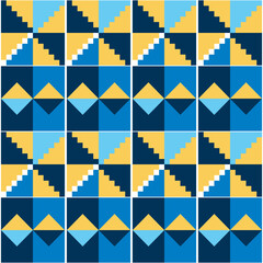 Ghana African tribal Kente cloth style vector seamless textile pattern, geometric nwentoma design in blue and yellow
