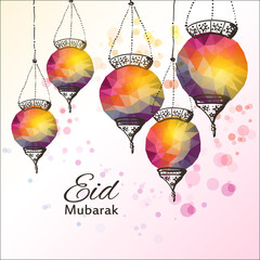 Eid Mubarak background. Eid Mubarak - traditional Muslim greeting. Festive shiny  arabic lamps. Greeting card or invitation for Moslem Community events. Vector illustration - 359670183