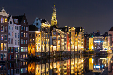 Amsterdam Damrak traditional Dutch architecture at night