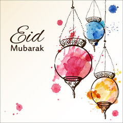 Eid Mubarak background. Eid Mubarak - traditional Muslim greeting. Festive hanging watercolor arabic lamps. Greeting card or invitation for Moslem Community events. Vector illustration - 359670378