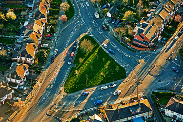 Aerial view of traffic triangular road in North London