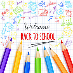 Welcome back to school background, with hand drawn doodle elements and realistic pencils.  vector illustration. 