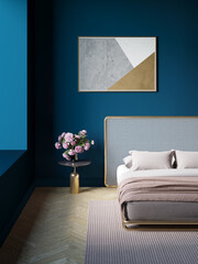 Bedroom interior in deep blue color with parquet floor, the horizontal poster above the bed with decorative headboard, and pink peonies on a marble table. Mockup poster. 3d render