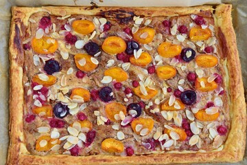 Peach cherry red currant tart puff pastry