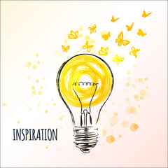 Light bulb sketch with flying butterflys - Concept of inspiration. Doodle hand drawn sign. Vector Illustration