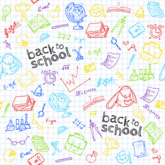 Welcome back to school seamless pattern with hand drawn doodle elements.  Vector illustration.  - 359671108