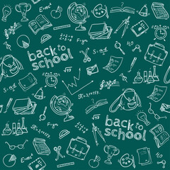 Welcome back to school seamless pattern with hand drawn doodle elements.  Vector illustration. 