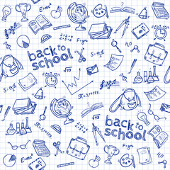 Welcome back to school seamless pattern with hand drawn doodle elements.  Vector illustration.  - 359671146