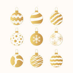 Set of Christmas balls golden silhouettes. Vector isolated gold icons of glass baubles with snowflakes and decor.