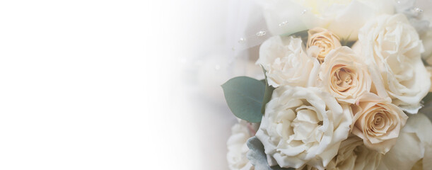 Wedding bouquet of elegant bride. Copyspace with white space for text. Wedding accessories and backgrounds