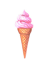 Watercolor pink fruit ice cream in waffle cone isolated on white background