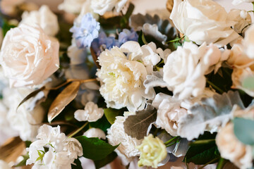 Wedding flower arrangement and decoration. Empty copyspace and space for text. Holiday accessories and backgrounds