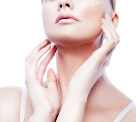 Obraz na płótnie Canvas Lips, Beauty face, hands, model woman apply cream on healthy skin