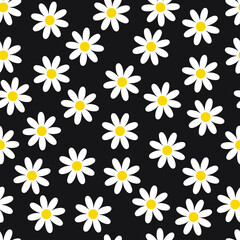Daisy flowers seamless pattern. White daisy on black. Random daisy flowers seamless pattern. Digital paper. Vector.