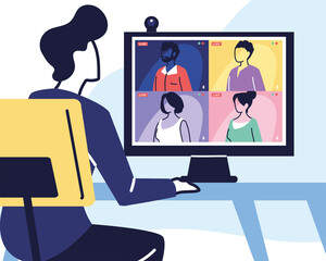 man using computer for virtual meeting, videoconference, remote work, technology