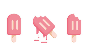 Set summer icon ice cream, frozen juice, sorbet. With strawberry, raspberry and berry. Melted and Bitten ice-cream. On a stick. On white background. Drawn, cartoon. Pink. Eps 10