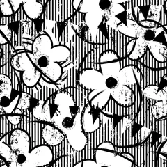 Gordijnen floral seamless pattern background, with flowers, stripes, paint strokes and splashes, black and white © Kirsten Hinte