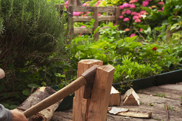 ax with wood in a garden