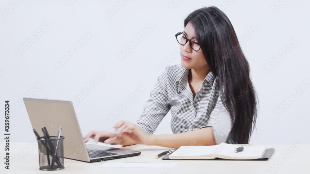 Sticker Businesswoman works with planning book and laptop