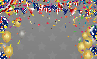 Confetti background with Party poppers and air balloons isolated. Festive vector illustration, USA