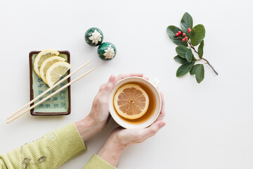 Cup of herbal tea with slice of lemon