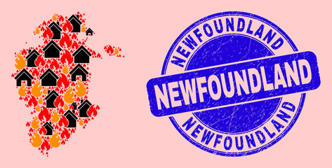 Fire hazard and buildings combination Burgos Province map and Newfoundland textured stamp print. Vector collage Burgos Province map is formed with random burning towns.