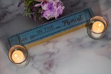 Candles, Flowers, Wooden Block with Quote