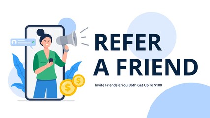 A woman shouts into a megaphone to attract friends. Refer a friend or referral marketing concept. Social media marketing. Flat vector illustration for banners, landing page template, mobile app. - obrazy, fototapety, plakaty