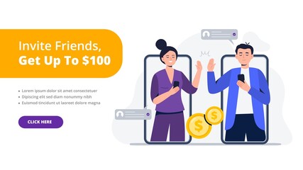 A couple of friends give a high five. Refer a friend concept. Social media marketing for friends. Trendy flat vector illustration for banners, landing page template, mobile app.