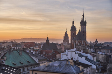 Obraz premium Panorama old town part of Krakow/Cracow, Poland at sunset.
