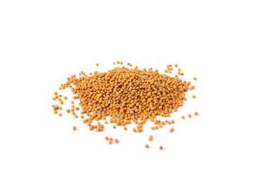 Yellow mustard seed isolated on white background.