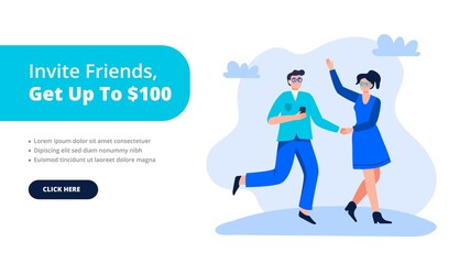 Refer a friend or referral marketing concept. A woman and man are shaking hands. Social media marketing for friends. Trendy flat vector illustration for banners, landing page template, mobile app.