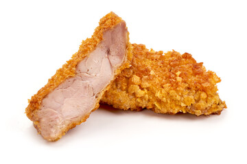 Crispy chicken fillet in breadcrumbs, isolated on white background