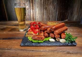 fried sausages, cherry tomatoes, garlic, dill, a glass of beer, knife, fork on a wooden table, top...