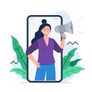 A Woman Shouting Megaphone. Refer A Friend Concept. Referal Marketing. Trendy Flat Vector Illustration For Banners, Landing Page Template, Mobile App.