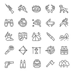 Hunting, icon set. Seeking, pursuing and capturing or killing wild or feral animals, poaching. Hunter and prey, linear icons. Line with editable stroke - obrazy, fototapety, plakaty