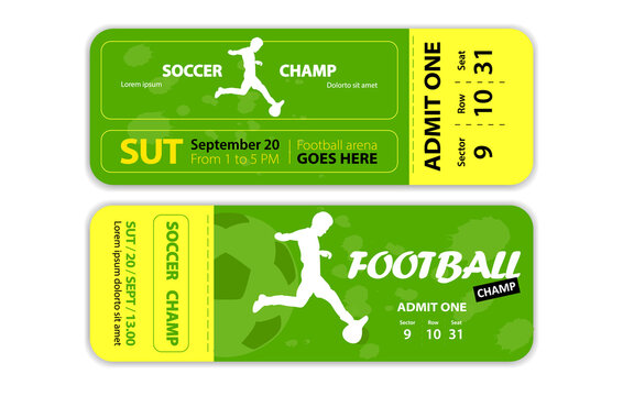 Soccer or football ball on grunge background with silhouettes of player, paint splatters and drips. Football ticket