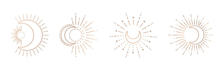 Sun and moon line art clipart. Outline sun logo, moon tattoo.