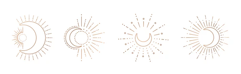 Sonne und Mond Strichzeichnungen Cliparts. Umriss-Sonnenlogo, Mondtätowierung. © biancaoddi