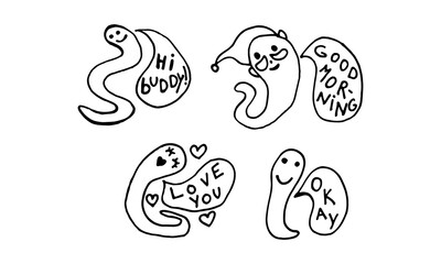 Collection of funny worms with speech bubble. Hand drawn vector character illustration. Outline doodle drawing