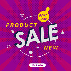 vector bright abstraction, white lettering fifty percent discount on a purple background